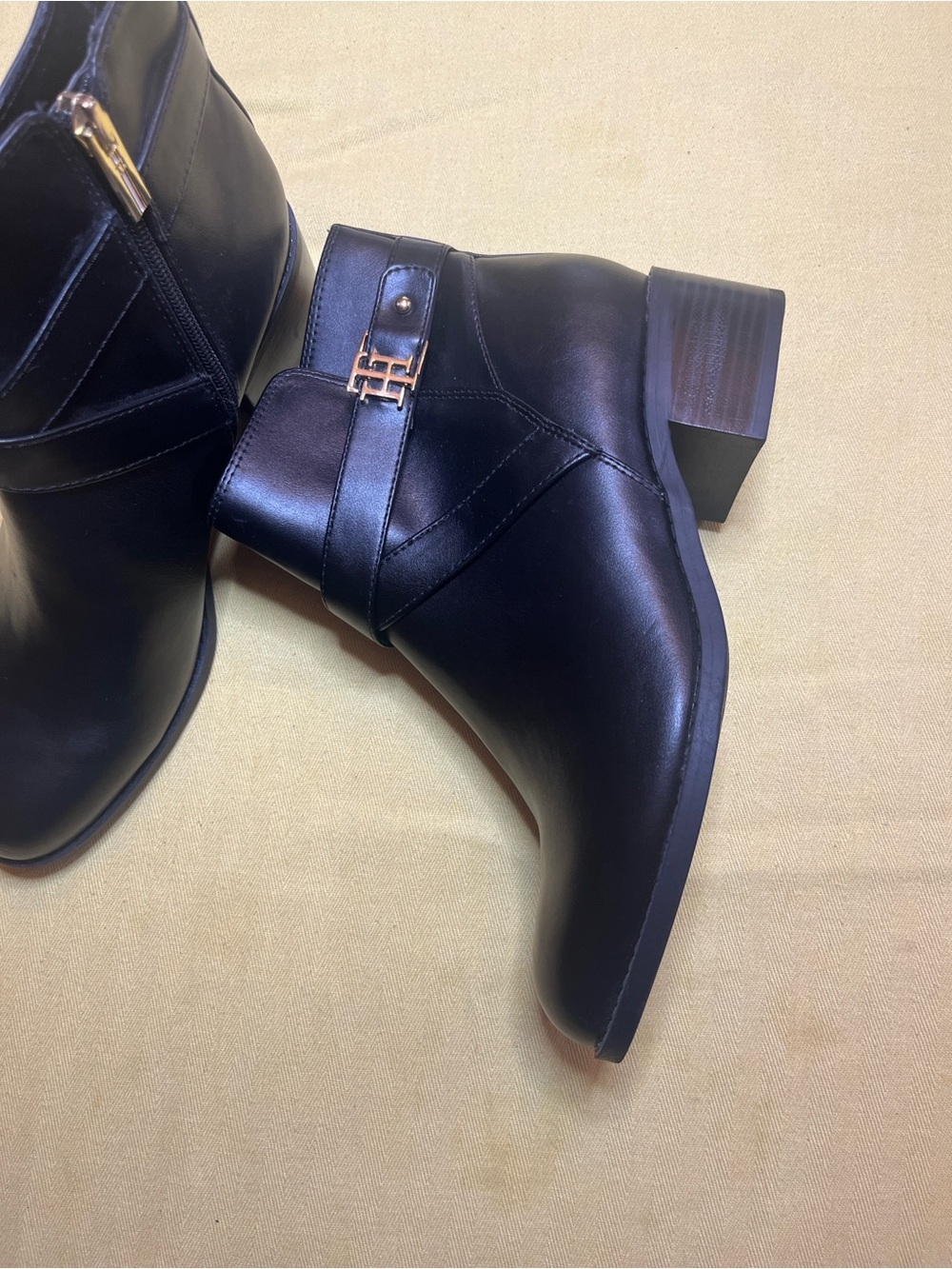 Tommy Hilfiger Black Ankle Boots with Gold Logo Accent